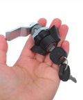 Secure RV And Cabinet Lock Kit with Keys, Black Zinc Alloy Turn Lock in hand, includes keys and 90 Degree Rotation