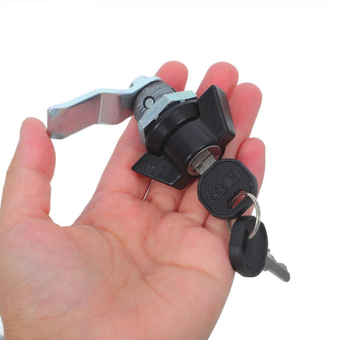 Secure RV And Cabinet Lock Kit with Keys, Black Zinc Alloy Turn Lock in hand, includes keys and 90 Degree Rotation