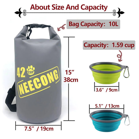 10L Dog Food Travel Bag With Collapsible Bowls For On-The-Go Kibble, 42 Cup Capacity, Camping And Everyday Dry Food Storage Kit