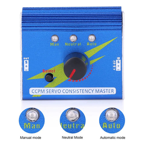 Front view of Dope Servo Tester And Controller For RC Gear with manual, neutral, auto modes, blue casing, ideal for planes