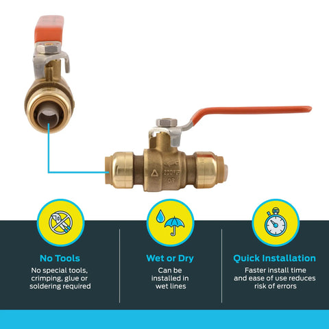 Plug And Play Push To Connect Brass Ball Valve Half Inch No Fuss Shutoff For PEX Copper CPVC PE-RT SDR-9 HDPE Pipes installation
