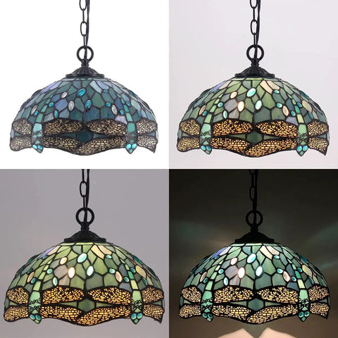 Tiffany Style Sea Blue Stained Glass Dragonfly Pendant Light Plug In 12 Inch Hanging Lamp With 32 Inch Chain And 15 Foot Cord UL Listed LED Ready For E26 Bulb Lit