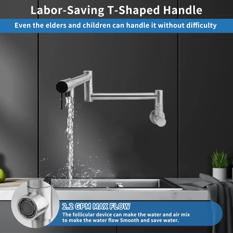 Pot Filler Faucet Wall Mount Stainless Steel Kitchen Faucet With Foldable Stretch Arm and Double Joint Swing