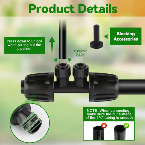 Drip Irrigation Fittings Kit 1/2 Inch To 1/4 Inch Quick Connect With Four Plugs Fits 12/16mm To 4/7mm Tubing Anti Leak Four Way Splitter