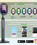 Mirror Photo Booth With Printer And 4K HD Camera, RGB Surround Lighting, 16 Inch Touch Screen with app and printing feature display.