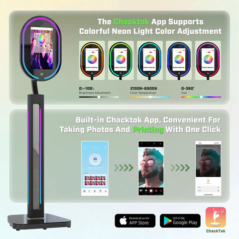 Mirror Photo Booth With Printer And 4K HD Camera, RGB Surround Lighting, 16 Inch Touch Screen with app and printing feature display.