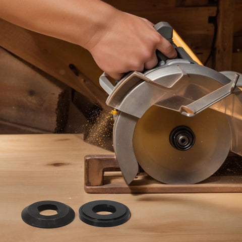 2 Piece Metal Flange Washer Set 224409-4 Outer and 224412-5 Inner for Circular Saws shown with circular saw cutting wood
