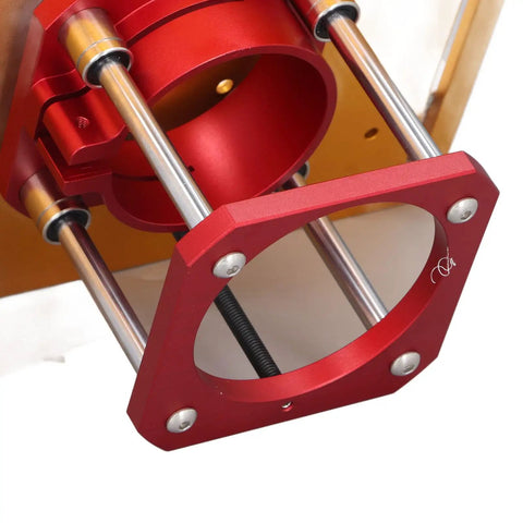 Premium Rock Solid Aluminum Router Lift Kit For Woodworking Tables Featuring Smooth 54 Mm Micro Adjustment and Complete Fence Insert Plate Hardware Setup close-up of red aluminum assembly with steel rods.