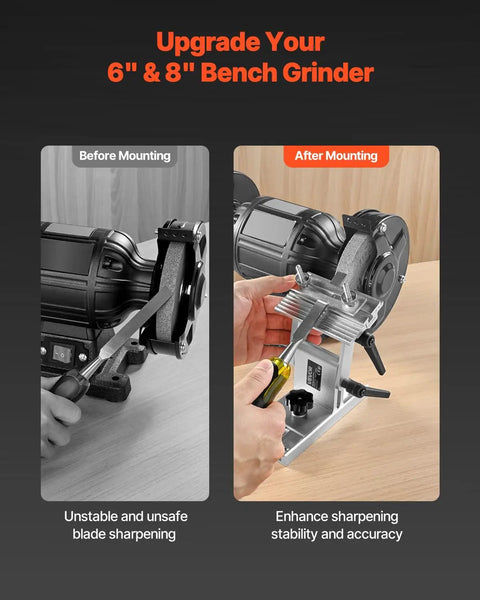 Adjustable Bench Grinder Tool Rest for 6-8in Grinders with Flat Miter Slide before and after mounting on grinder for blade sharpening