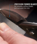 Close-up of Left Cut Offset Aviation Snips 10 Inch Workhorse cutting metal, highlighting precision formed blades.