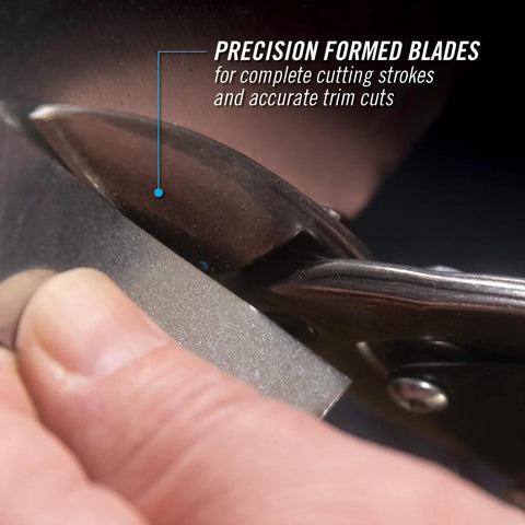 Close-up of Left Cut Offset Aviation Snips 10 Inch Workhorse cutting metal, highlighting precision formed blades.