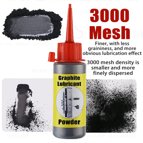 Graphite Powder Lubricant For Locks Hinges And Tools One Ounce Sixty Milliliters bottle with pointed tip and powder samples