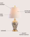 24 Inch Tall Multicolor Gold French Country Ceramic Floral Urn Table Lamp With White Linen Shade Chinoiserie Ginger Jar Bedside Lamp For Living Room And Bedroom LED Bulb Included