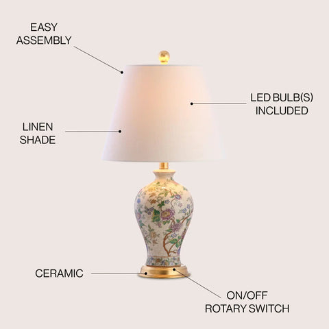 24 Inch Tall Multicolor Gold French Country Ceramic Floral Urn Table Lamp With White Linen Shade Chinoiserie Ginger Jar Bedside Lamp For Living Room And Bedroom LED Bulb Included