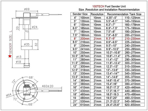 Marine Gas Tank Fuel Level Sending Unit 8 Inch 240-33 Ohm Stainless Steel Replacement for Boat Fuel Tank Sender Direct Swap for Arm Type, OKI Reed Switch Durability dimension chart