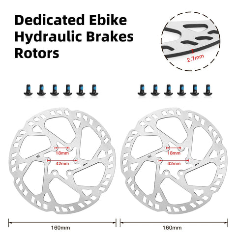 ZTZ MTB hydraulic brake rotors; two 160mm silver rotors with mounting screws and hardware; inset shows 2.7mm thickness.