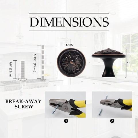 Dimensions of Oil Rubbed Bronze Flower Shaped Cabinet Knob Set 12 Pack with screws, shown in kitchen setting