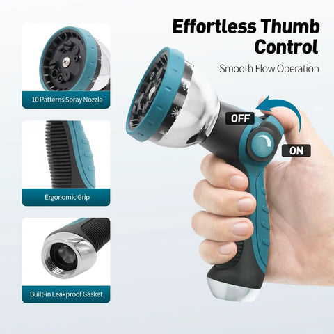 High Pressure Metal Garden Hose Nozzle With 10 Spray Patterns And Thumb Control On Off Valve For Car Wash Plants Pets And Outdoor Cleaning Built For Home Use And Heavy Duty Tasks Blue