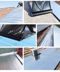 Collage of Pro Level Self Adhesive Aluminum Foil Roof Flashing Tape Heavy Duty Butyl Waterproofing Underlayment Roll application on roofs.