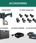 Hydraulic Hole Puncher Kit For Sheet Metal One Half Inch To One And A Quarter Inch with die set, charger, toolbox, batteries.