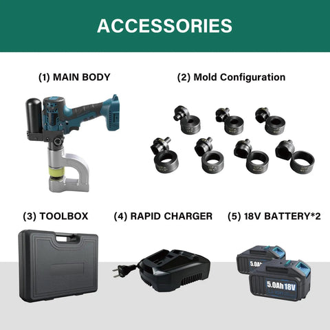 Hydraulic Hole Puncher Kit For Sheet Metal One Half Inch To One And A Quarter Inch with die set, charger, toolbox, batteries.