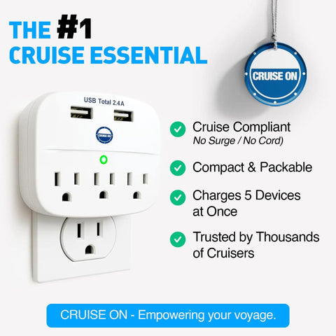 Cruise Ship Ready Must Have Power Strip With Two USB Ports, Non Surge Protector plugged into wall, compact for ship use.