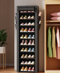 Heavy Duty 10 Tier Shoe Rack With Cover saves serious floor space, holding twenty pairs in a sleek black finish, perfect for entryways.