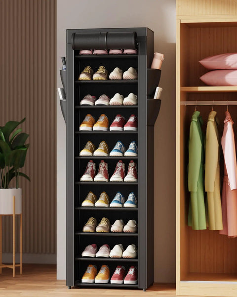 Heavy Duty 10 Tier Shoe Rack With Cover saves serious floor space, holding twenty pairs in a sleek black finish, perfect for entryways.
