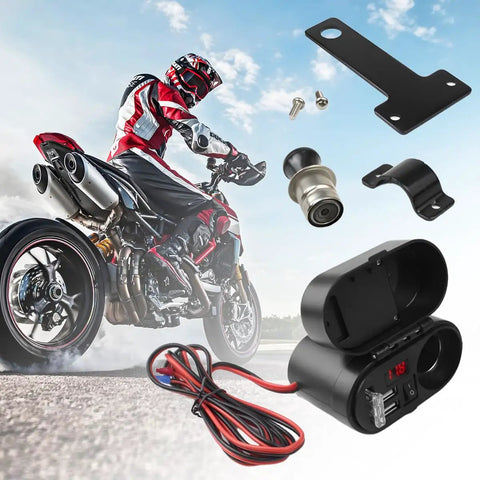 Dual USB Charger Socket 5 Volt 3 Amp 4 In 1 Motorcycle Handlebar Clamp Power Adapter with Clock, Lighter Socket, Voltmeter