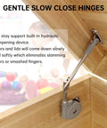 Close-up of a soft close toy box hinge with lid stay, showcasing gentle hydraulic dampening and upward opening on wooden toy box.