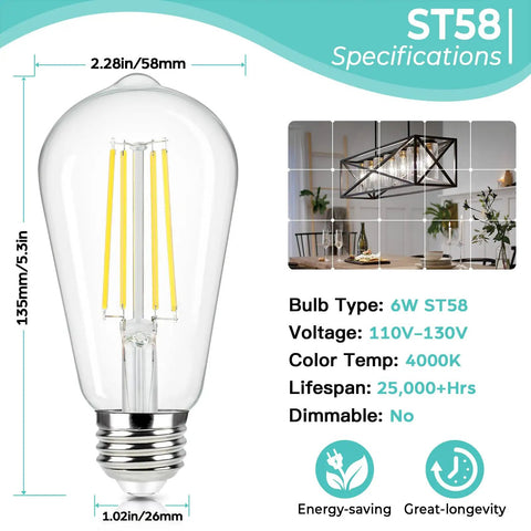 Vintage LED Edison Bulbs 60 Watt Equivalent 6W ST58 Filament Bulbs 4000K Neutral Daylight Clear Glass E26 Base Non Dimmable