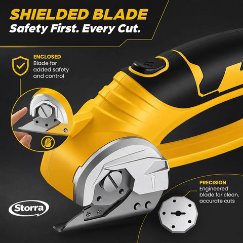 Cordless Electric Scissors with LED Light and USB C Charging showing shielded blade and safety lock feature.