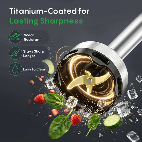Total Game Changer Handheld Immersion Blender With Titanium Coated Blades And Variable Speed Trigger showing the sharp titanium-coated blades amid chopped vegetables and ice.