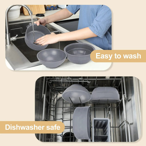 Microwave Ramen Cooker Bowl With Chopsticks And Spoon, Dishwasher Safe And BPA Free, Gray Ramen Bowl being washed in sink and dishwasher