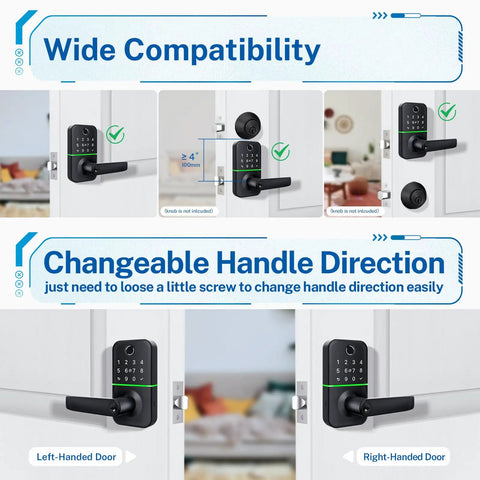 Keypad Smart Door Lock With Keyless Entry Handle Fingerprint And Passcode App Control And Remote Access Digital Keypad Deadbolt Alternative, wide compatibility and changeable handle direction for left or right-handed doors