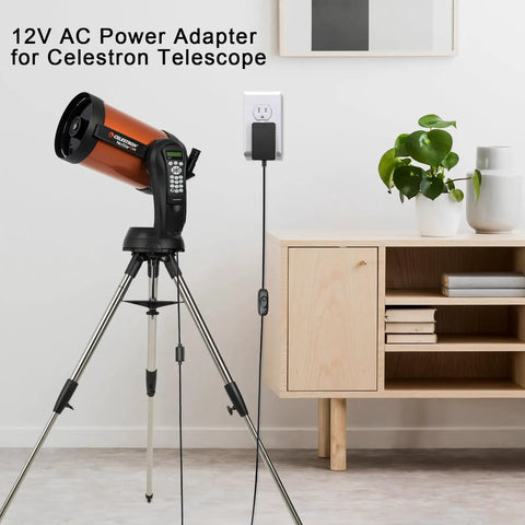 12V 2A Universal AC DC Power Adapter For Telescopes Go To Plug And Play With NexStar SE And SLT Series LCM Models And CPC 800 1100 HD 5.9 Feet Cable Inner Positive Polarity 100 240V Input connected to Celestron telescope indoors