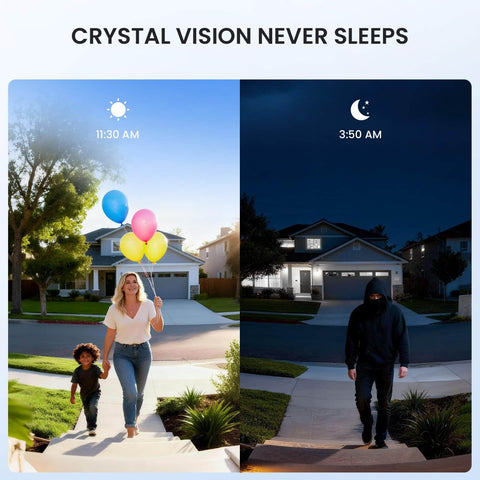 Day and night view through Wireless 2K Doorbell Camera With No Monthly Fees, Ultra Wide View, Real Time PIR Motion Alerts, Weatherproof Gray.