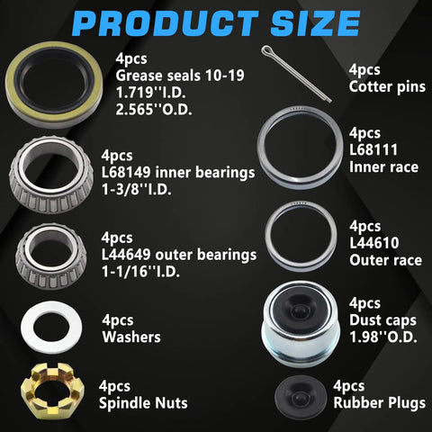 Parts included in Trailer Hub Bearing Kit For 3500Lbs Tapered Axles From 1-1/16 Inch To 1-3/8 Inch Spindle with sizes shown