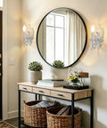 ZIRALIO Farmhouse Vintage Wall Sconce for Bedroom, 2-Pack illuminating a stylish entryway with round mirror and decor.