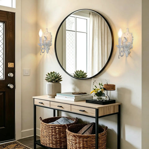 ZIRALIO Farmhouse Vintage Wall Sconce for Bedroom, 2-Pack illuminating a stylish entryway with round mirror and decor.
