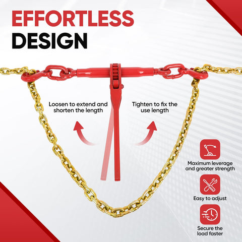 Heavy Duty Chain And Binder Set For Flatbed Tie Downs Three Eighths Inch By Ten Feet Chains With Two Ratchet Binders 9,200 Lbs WLL And 33,000 Lbs Break Strength Ideal For Trucks shown with red ratchet binder and gold chain