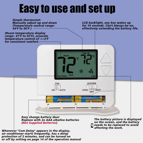 No Frills Manual Thermostat For Home With 1 Heat 1 Cool Non Programmable Control Green Backlight Easy Dial Temperature Adjustment Ideal For Conventional Systems And Simple Climate Comfort displayed with battery compartment open
