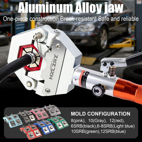 Heavy Duty Hydraulic AC Hose Crimper Kit with aluminum alloy jaw in a car repair shop.