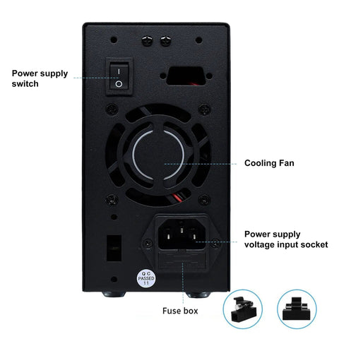 Back view of High Precision Variable Power Supply 60V 5A 300W Bench Regulated Unit with cooling fan, switch, and input socket.