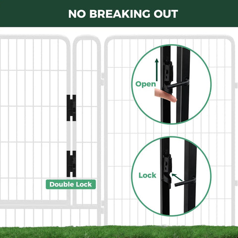 Hassle Free Quick Setup Dog Playpen With Detachable Sun Shade For Road Trips gate showing double lock feature, durable steel design.
