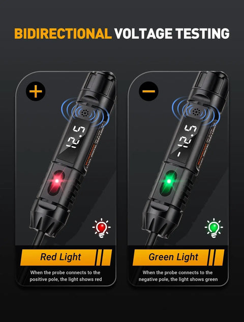 Pro Grade Heavy Duty Circuit Tester With Buzzer And 3 To 72V DC LED Voltmeter Automotive Light Tester With Illumination And Fuse Check Stainless Steel Probe And Safe ABS Body For Quick Electrical Diagnostics, bidirectional voltage testing red and green light