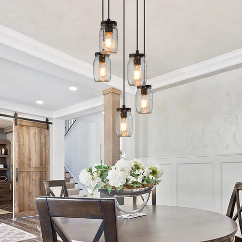5 Light Mason Jar Chandelier Pendant for Kitchen Island and Dining Room with bronze canopy, rustic farmhouse lighting design