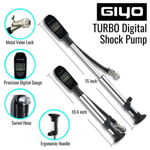 Digital Shock Pump With 600 PSI Turbo Boost For Fast Suspension Inflation Micro Air Bleeder Aluminum Barrel Comfort Grip And Braided Hose Ready To Tune Fork And Rear Suspension GS 52L showcasing digital gauge and ergonomic handle.