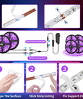 Black Light Strip Kit With 79 Feet Of Flexible LED Lights Powered By 12V 1440 LEDs For Lit Glow At Halloween And Christmas Parties Easy Setup For Fluorescent Dance Floors Not Waterproof For Indoor Use showing installation steps