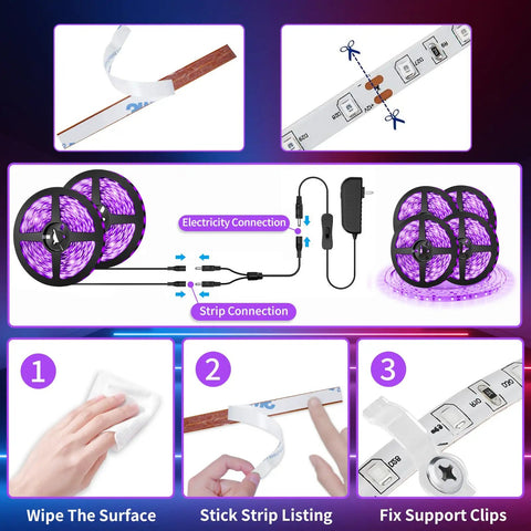 Black Light Strip Kit With 79 Feet Of Flexible LED Lights Powered By 12V 1440 LEDs For Lit Glow At Halloween And Christmas Parties Easy Setup For Fluorescent Dance Floors Not Waterproof For Indoor Use showing installation steps